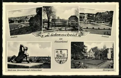 AK Lüdenscheid im Sauerland, Stadion, Strassenstern, Freibad, Rosengarten
