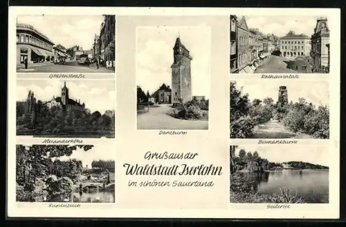 AK Iserlohn /Sauerland, Grabenstrasse, Alexanderhöhe, Rathausplatz, Danzturm