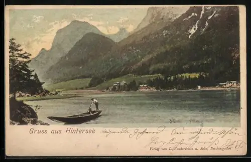 AK Hintersee / Berchtesgaden, See mit Boot und Alpenpanorama