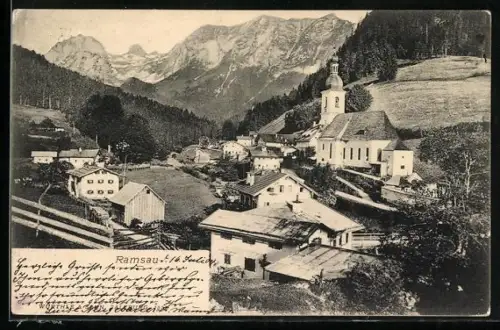 AK Ramsau / Berchtesgaden, Ortsansicht mit Kirche und Alpenpanorama