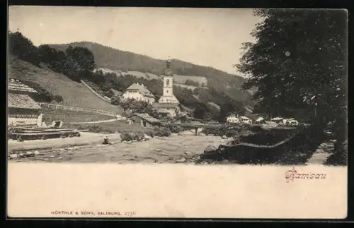 AK Ramsau / Berchtesgaden, Kirche, Brücke, Ortsansicht