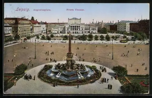AK Leipzig, Augustusplatz, Neues Theater, Brunnen
