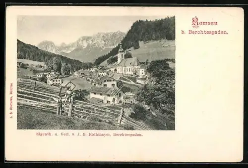 AK Ramsau b. Berchtesgaden, Ortsansicht mit Kirche und Bergen