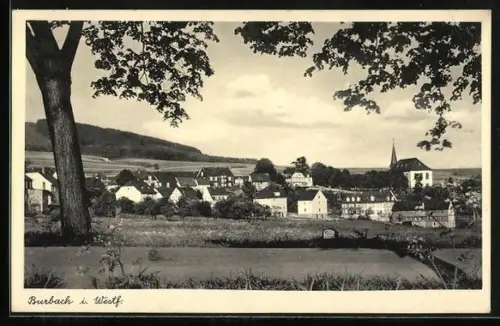 AK Burbach i. Westf., Ortsansicht mit Kirche und Wohnhäusern