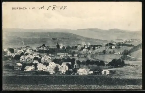 AK Burbach i. W., Ortsansicht mit Kirche und umliegender Landschaft