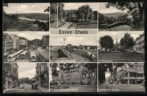 AK Essen-Steele, Bahnhof Steele West, Ruhrblick, Kaiser-Otto-Platz, St. Laurentius-Hospital