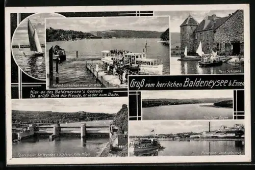 AK Essen, Baldeneysee, Motorbootanlegestelle, Haus Scheppen, Sperrmauer bei Werden