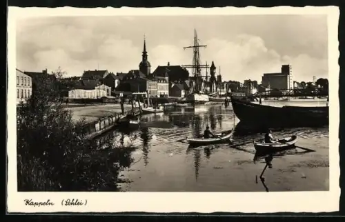 AK Kappeln /Schlei, Hafen, Kirche, Segelschiff