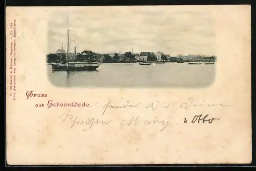 AK Eckernförde, Hafenansicht mit Segelbooten und Stadtpanorama