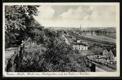 AK Essen-Steele, Blick vom Stadtgarten auf die Ruhr und Brücken