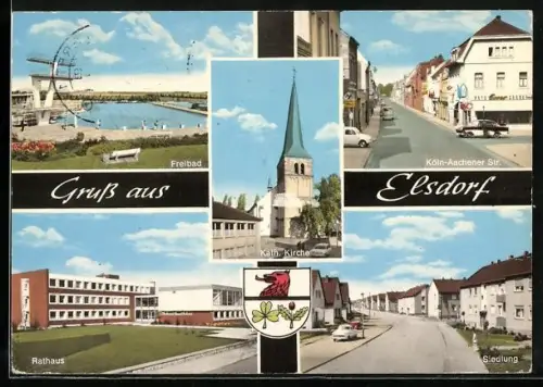 AK Elsdorf / Hambach, Freibad, Kath. Kirche, Rathaus, Köln-Aachener Str., Siedlung, Wappen