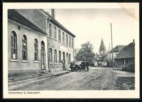 AK Atensleben b. Atzendorf, Strassenansicht mit Kirche und Gasthaus
