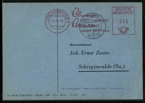 AK Hannover, Blumen-Beensen, Fleurop-Auftrag, Blumenbinderei, 1959