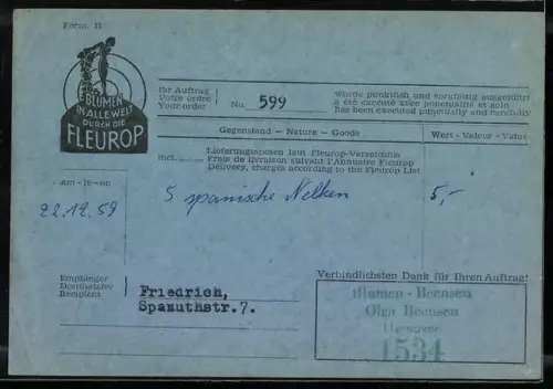 AK Hannover, Blumen-Beensen, Fleurop-Auftrag, Blumenbinderei, 1959