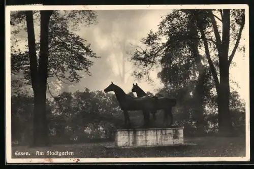 AK Essen, Am Stadtgarten, Pferdeskulptur
