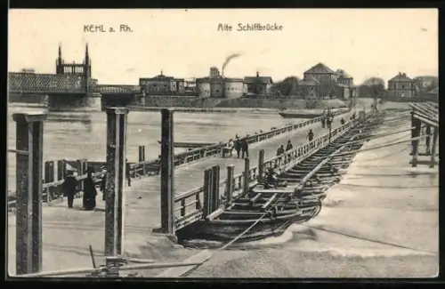 AK Kehl a. Rh., Alte Schiffbrücke mit Stadtpanorama