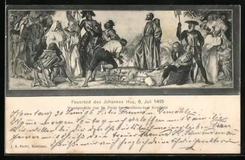 Künstler-AK Konstanz, Feuertod des Johannes Hus 1415, Wandgemälde von J. A. Pecht im Kaufhaus-Saal