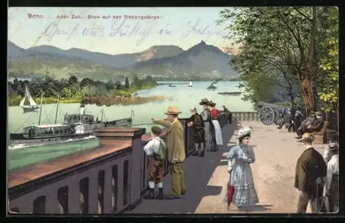 Lithographie Bonn, Alter Zoll, Blick auf das Siebengebirge
