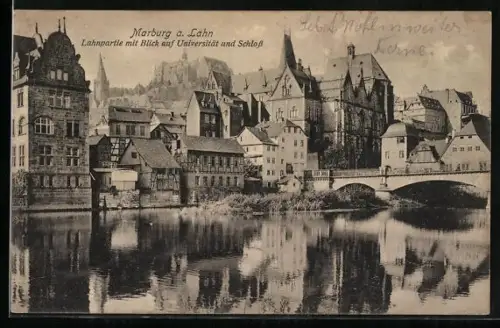 AK Marburg a. Lahn, Lahnpartie mit Blick auf Universität und Schloss