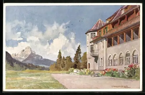 Künstler-AK Elmau /Klais, Schloss Elmau, Südseite mit Waxenstein