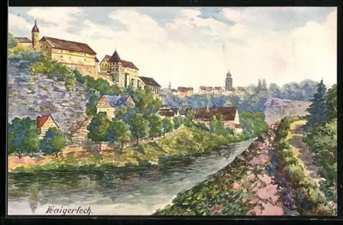 Künstler-AK Haigerloch, Ortsansicht mit Schloss und Fluss