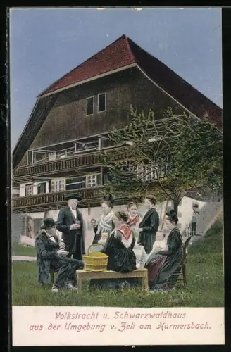 AK Zell am Harmersbach, Gruppe in Volkstracht u. Schwarzwaldhaus