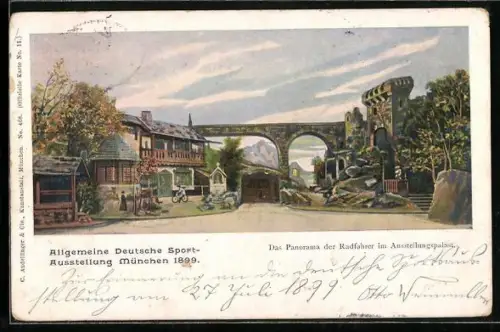 Künstler-AK München, Allgemeine Deutsche Sportausstellung 1899, Panorama der Radfahrer