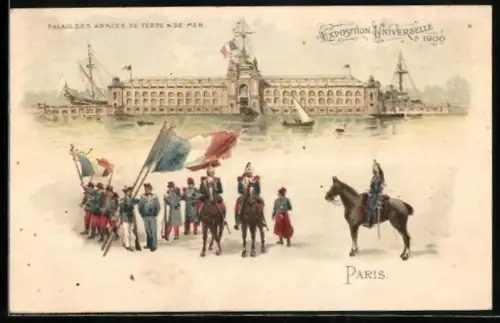 Lithographie Paris, Exposition Universelle 1900, Ausstellung, Palais des Armées de Terre & de Mer, Soldaten mit Pferd