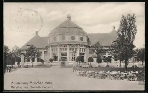 AK München, Ausstellung 1908, Mittelbau des Haupt-Restaurants