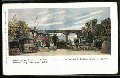 Künstler-AK München, Allgemeine Deutsche Sportausstellung 1899, Panorama der Radfahrer
