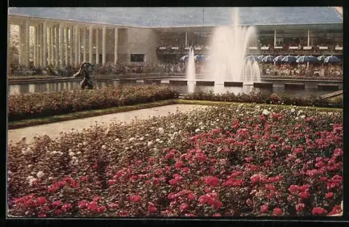 AK Essen, GRUGA, Grosse Ruhrländische Gartenbau-Ausstellung 1929, Wasserterrassen mit Hauptfontäne und Gaststätten