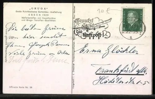 AK Essen, GRUGA, Grosse Ruhrländische Gartenbau-Ausstellung 1929, Wasserterrassen mit Hauptfontäne und Gaststätten