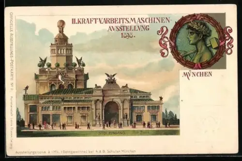 Lithographie München, II. Kraft- und Arbeitsmaschinen-Ausstellung 1898, Südlicher Eingang