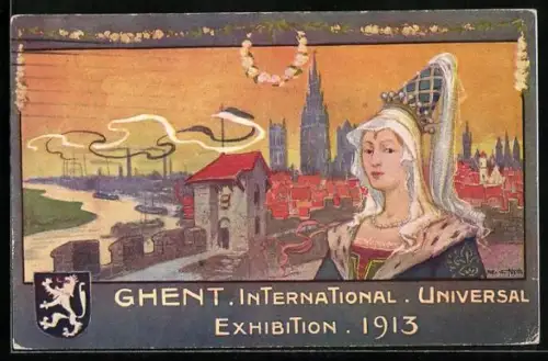 Künstler-AK Gent, Wereldtentoonstelling 1913, Ortspartie mit Burgfräulein