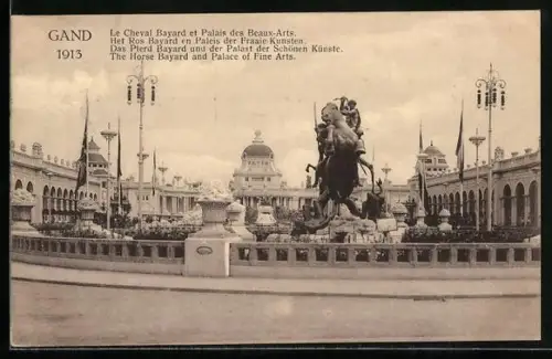 AK Gand, Weltausstellung 1913, das Pferd Bayard und der Palast der Schönen Künste