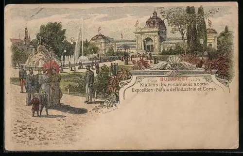 Künstler-AK Budapest, Exposition: Palais de l`Industrie et Corso, Ausstellung