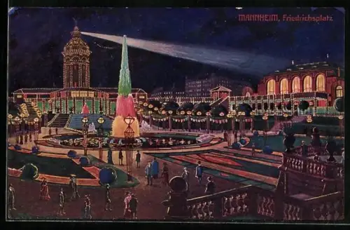 AK Mannheim, Friedrichsplatz mit nächtlicher Beleuchtung