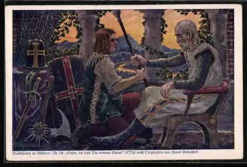 Künstler-AK Hans Baluschek: Sohn, da hast Du meinen Speer, Ritter gibt seine Rüstung an den Sohn weiter