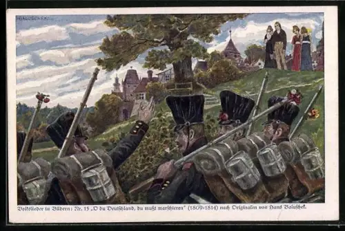 Künstler-AK Hans Baluschek: Lied O du Deutschland, ich muss marschieren, Soldaten winken Frauen zu