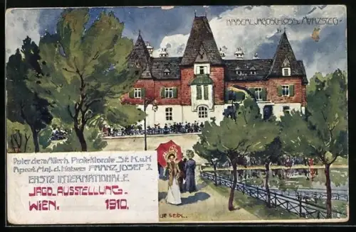 Künstler-AK Wien, Jagd-Ausstellung 1910, Kaiserl. Jagdschloss Mürzsteg