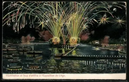 Künstler-AK Liège, Illumination et feux d`artifice à l`Exposition