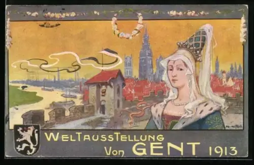 Künstler-AK Gent, Weltausstellung 1913, Frau mit Kopfbedeckung