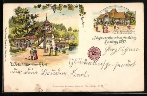 Lithographie Hamburg, Allgemeine Gartenbau-Ausstellung 1897 mit Weinhütte im Thal und Pavillon einer Samenhandlung