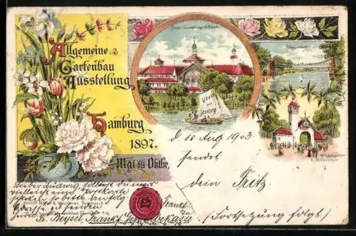 Lithographie Hamburg, Allgemeine Gartenbau Ausstellung 1897 Hängebrücke, Haupt-Ausstellungsgebäude