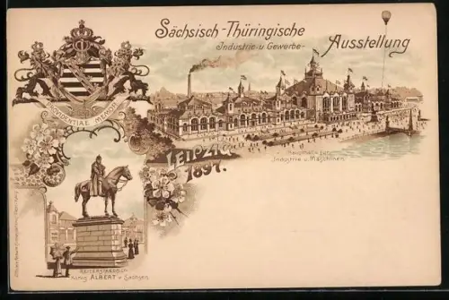 Lithographie Leipzig, Sächsisch-Thüringische Industrie & Gewerbe Ausstellung 1897, Denkmal König Albert v. S.