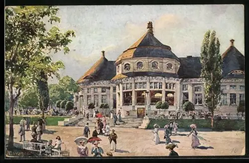 Künstler-AK München, Bayrische Gewerbeschau 1912, Hauptrestaurant im Ausstellungspark