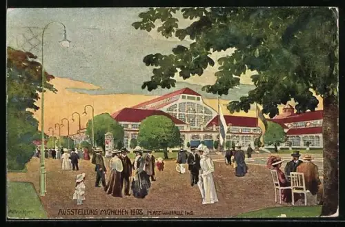 Künstler-AK München, Ausstellung 1908, Platz vor Halle I. u II.