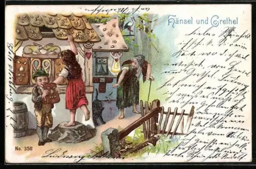 AK Hänsel und Gretel essen am Hexenhaus Lebkuchen