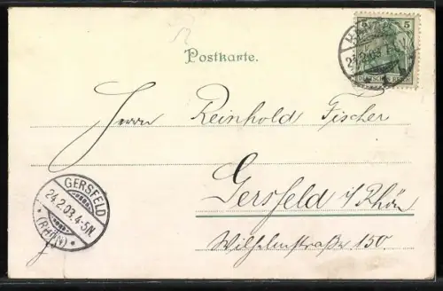 AK Hänsel und Gretel essen am Hexenhaus Lebkuchen