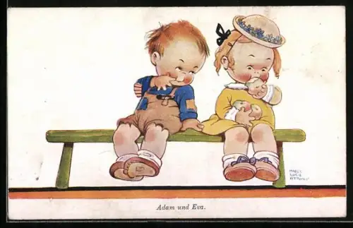 Künstler-AK Mabel Lucie Attwell: Adam und Eva, Mädchen beisst in einen Apfel